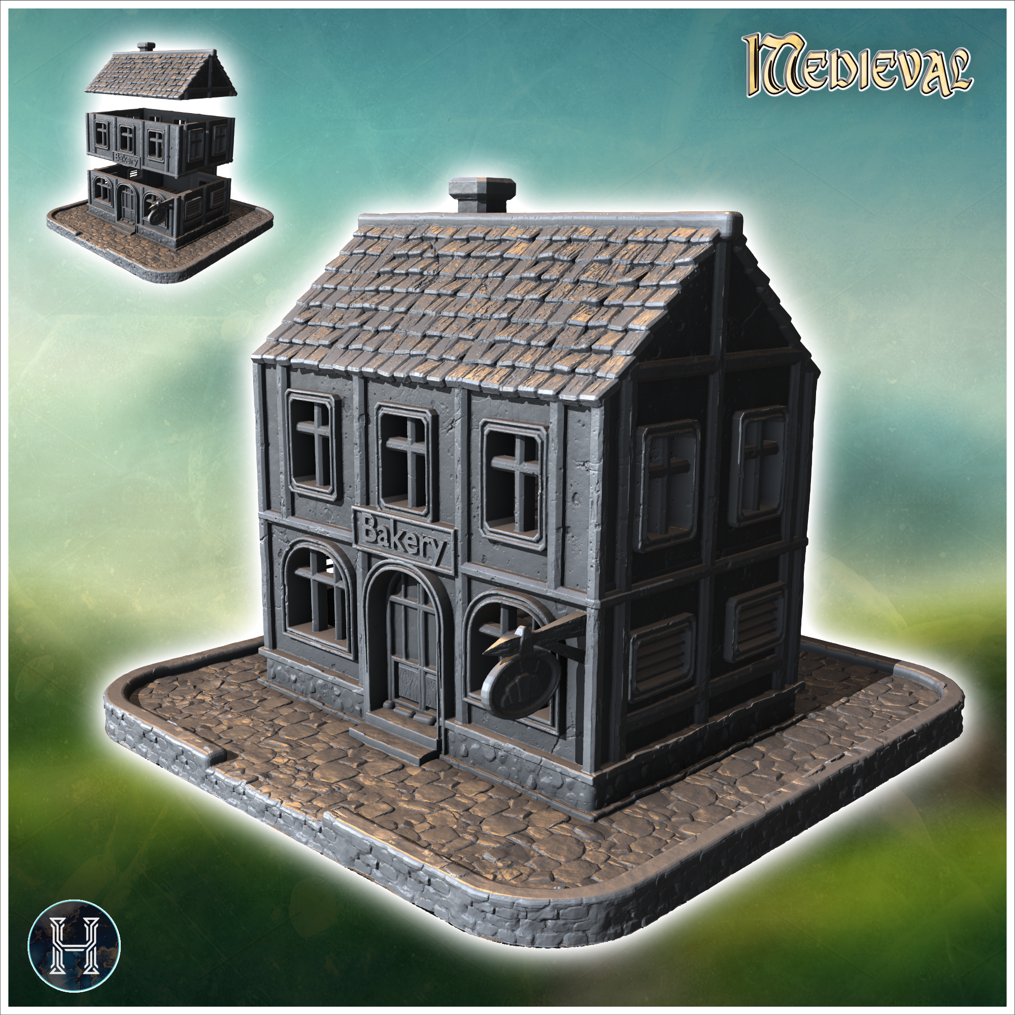 Medieval bakery with stone base, wooden upper floors, and a shingled roof (1) - Medieval Gothic Feudal Old Archaic Saga 28mm 15mm RPG
